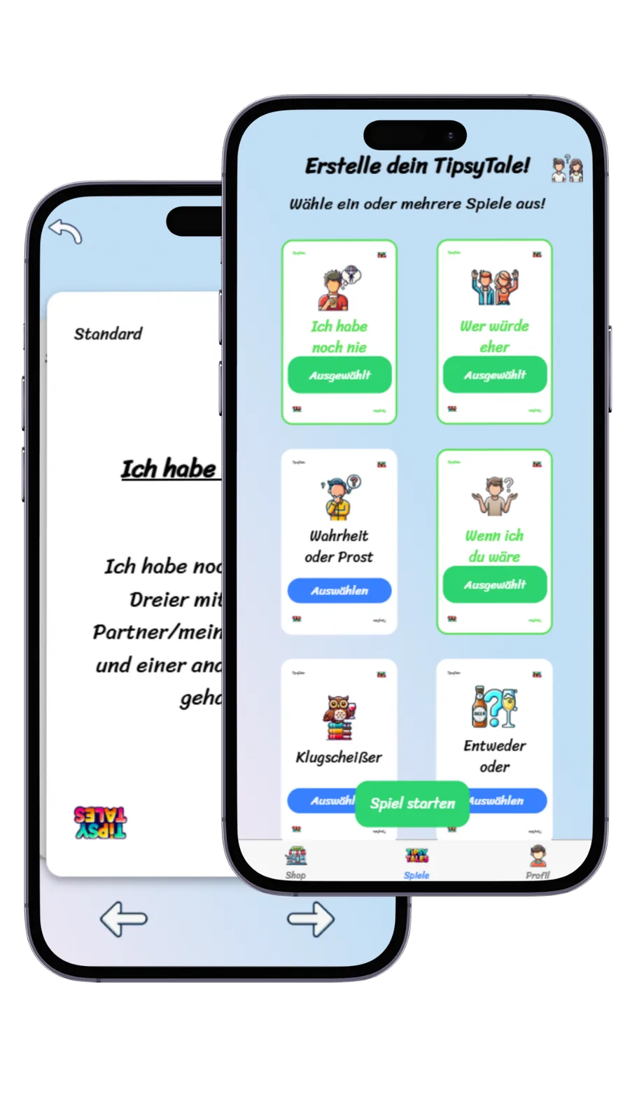 Screenshots der TipsyTales App mit einer Auswahl an Partyspielen